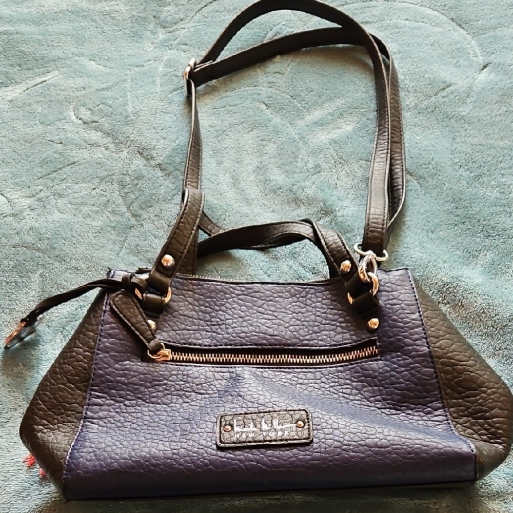 Elegant Black and Blue Shoulder Bag with Gold Accents